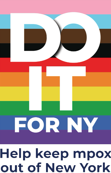 Text overlay with rainbow stripes background reading 'DO IT FOR NY' and smaller text at the bottom saying 'help keep mpx out of New York'.