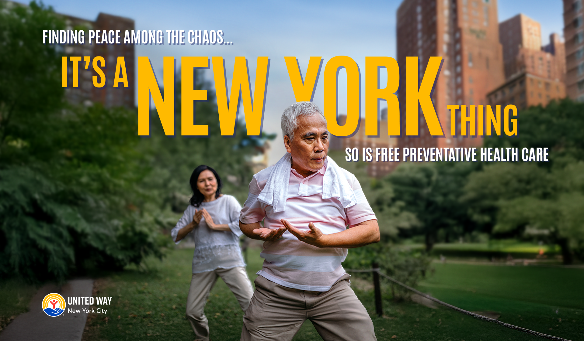 Older man in a park performing yoga, with a woman in the background, trees, and city buildings, with overlaid text promoting free preventive health care in New York City.