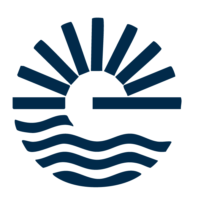 Lake Macquarie Boat Hire Logo. Logo featuring a sunrise over a stylized body of water with waves