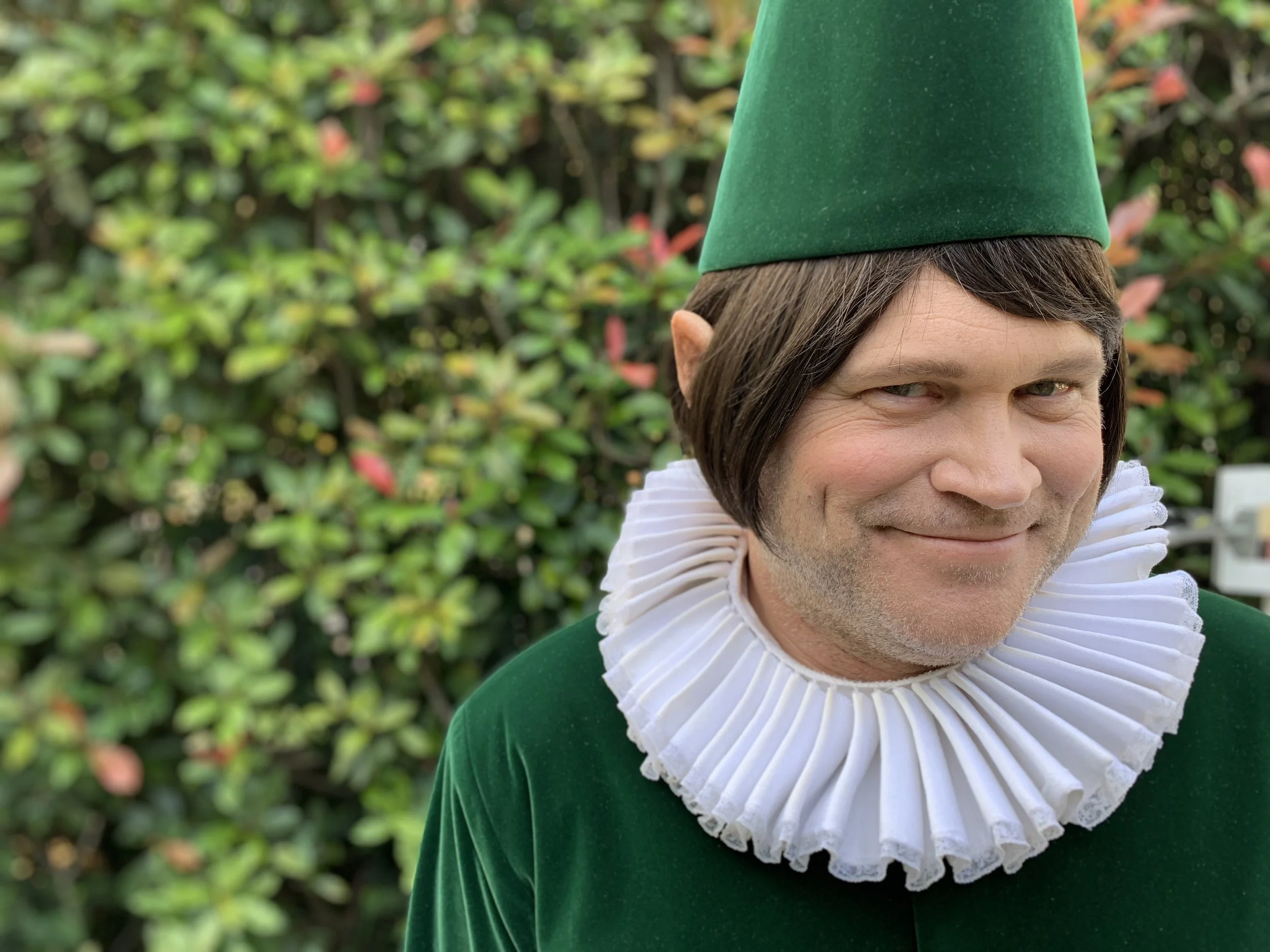 Person dressed as an elf with a green hat and suit, wearing a white ruffled collar, smiling outside in front of a bush with red and green leaves.