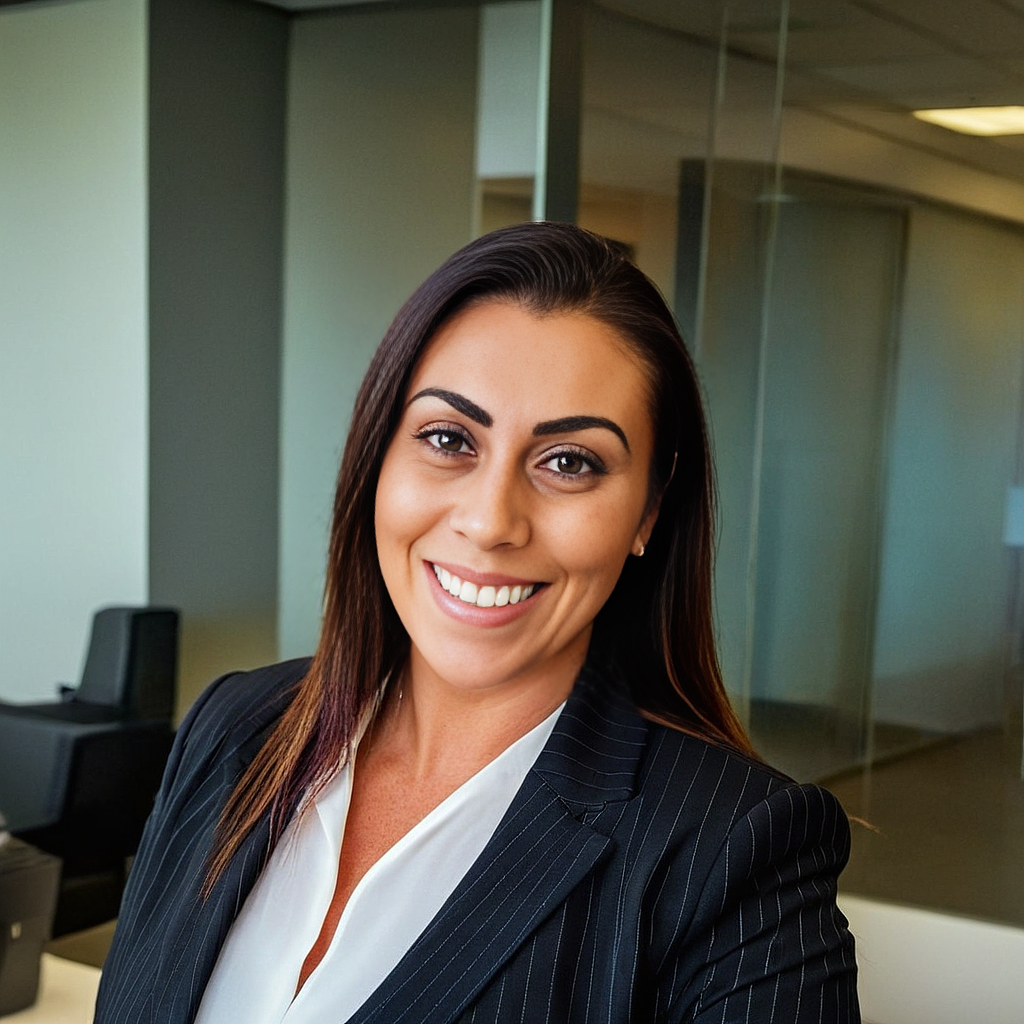 Professional woman with long dark hair, smiling, wearing a black pinstripe suit and white blouse, indoors in an office setting.