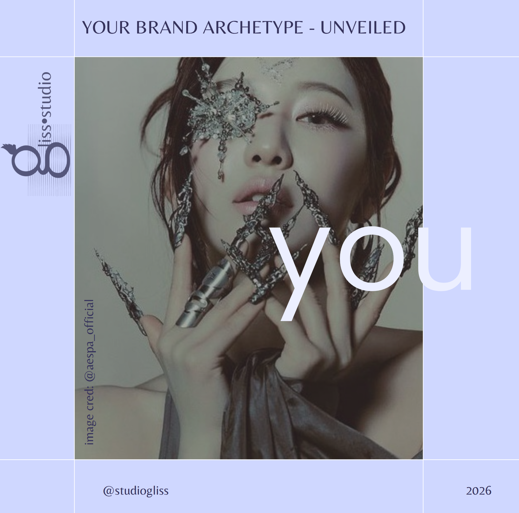 Editorial cover image for the Gliss•Studio Archetype Unveil — a close-up portrait of a model with avant-garde jeweled nail art against a pale blue background, overlaid with the word 'you' in bold white type, signaling a personalized brand experience.