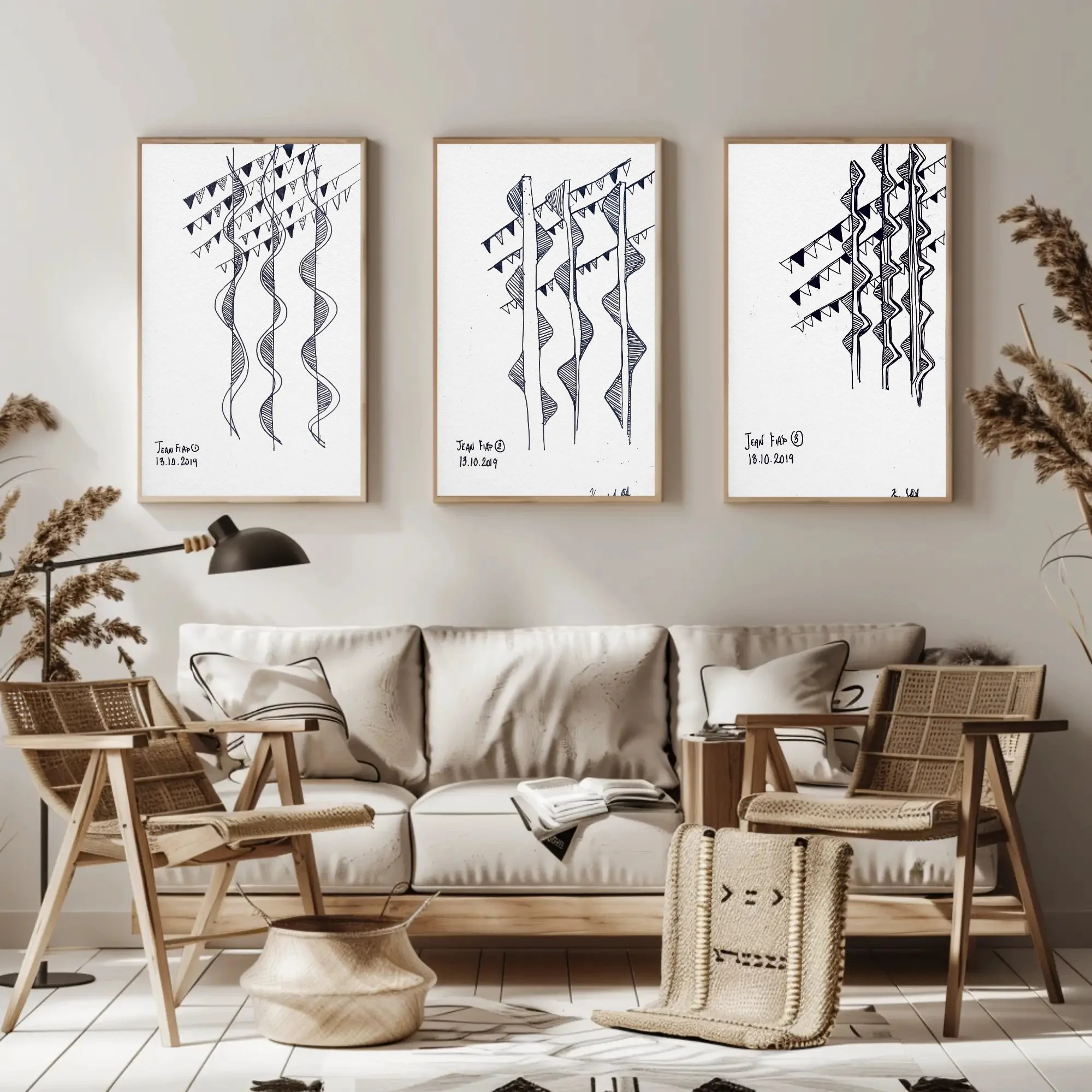 Abstract black ink line art print, "Jean Fiap," by artist Glissandre Bryant, styled in a modern living room above a light blue sofa with mustard and blue throw pillows