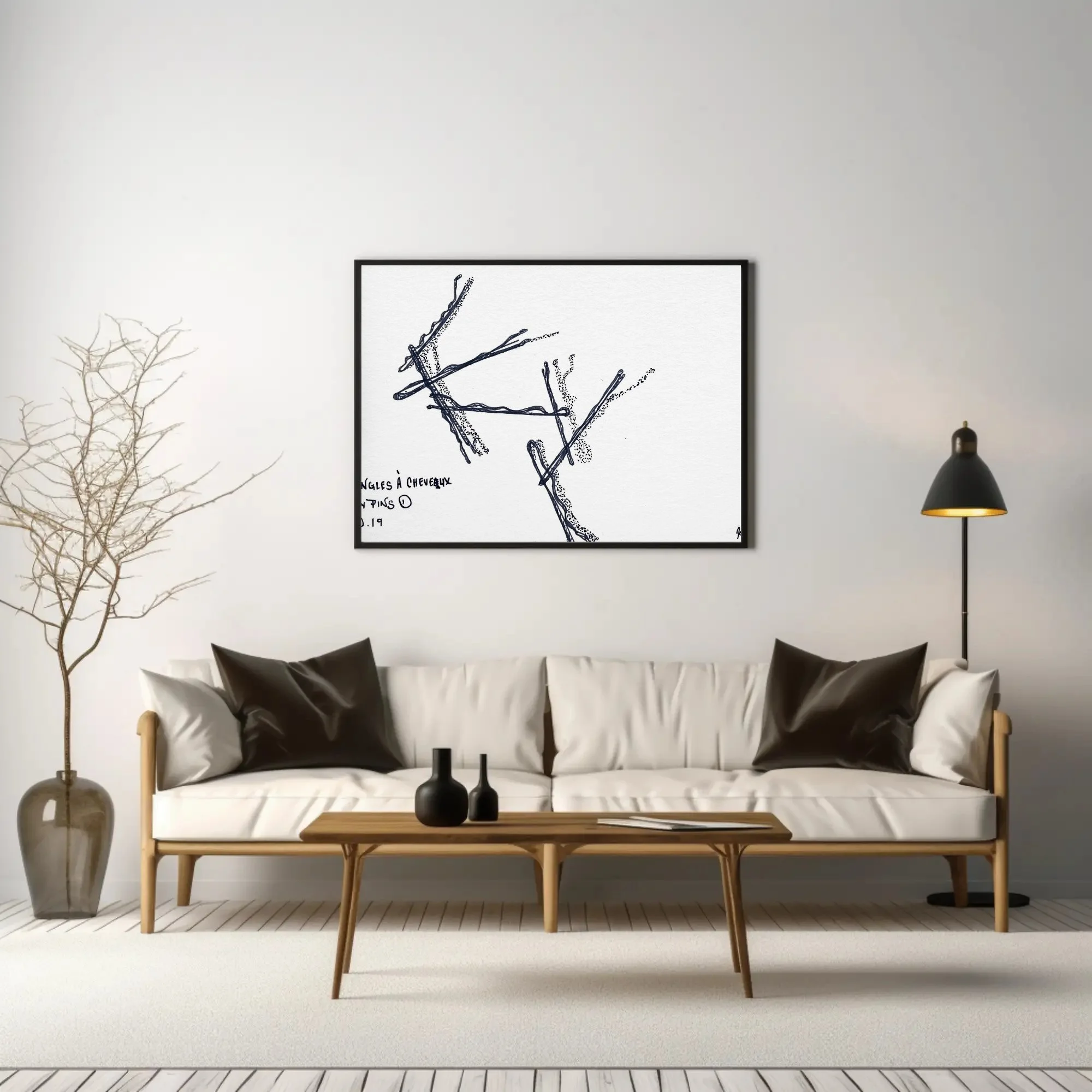 Abstract ink drawing "Épingles à Cheveux No. 1" by Glissandre Bryant, depicting hair pins, styled above a cream sofa in a living room