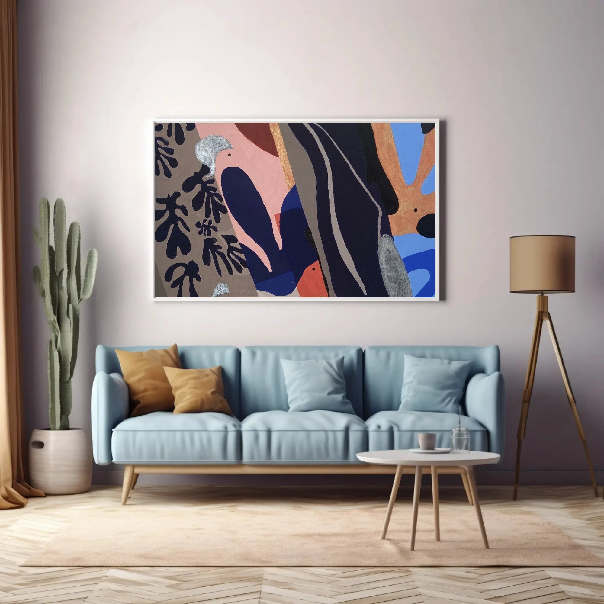 Colorful abstract painting "Coral Reef Study" by Glissandre Bryant, featuring bird and leaf-like forms, hung above a light blue sofa in a living room with a cactus and tripod floor lamp