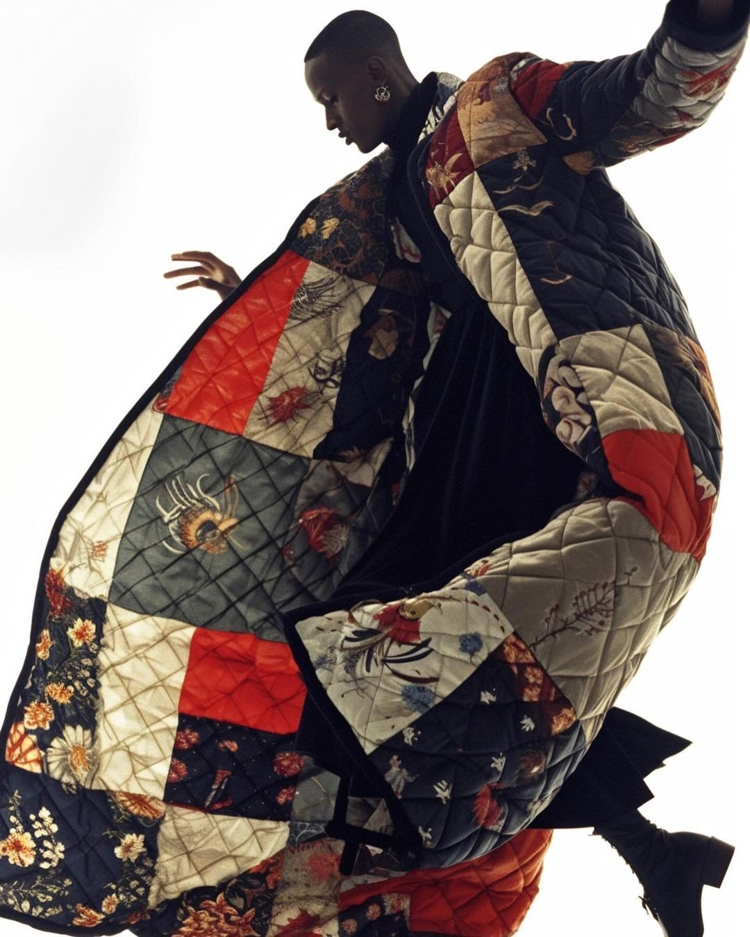 Model in motion wearing a dramatic patchwork quilted coat, its bold blocks and stitched patterns evoking the legacy of freedom quilts and contemporary resistance fashion.