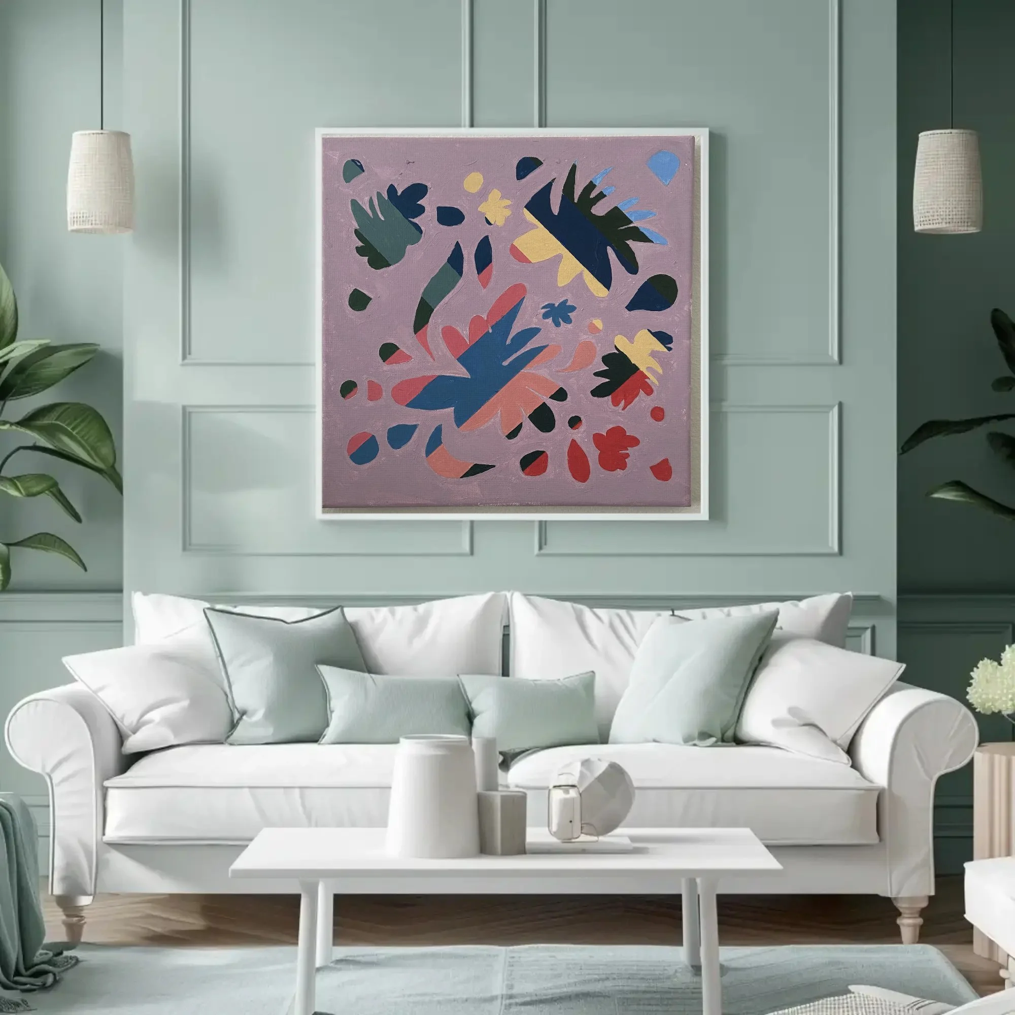 Abstract painting "Plaid Study" by Glissandre Bryant, featuring pink and navy botanical shapes, hung in a sage green paneled living room above a white sofa