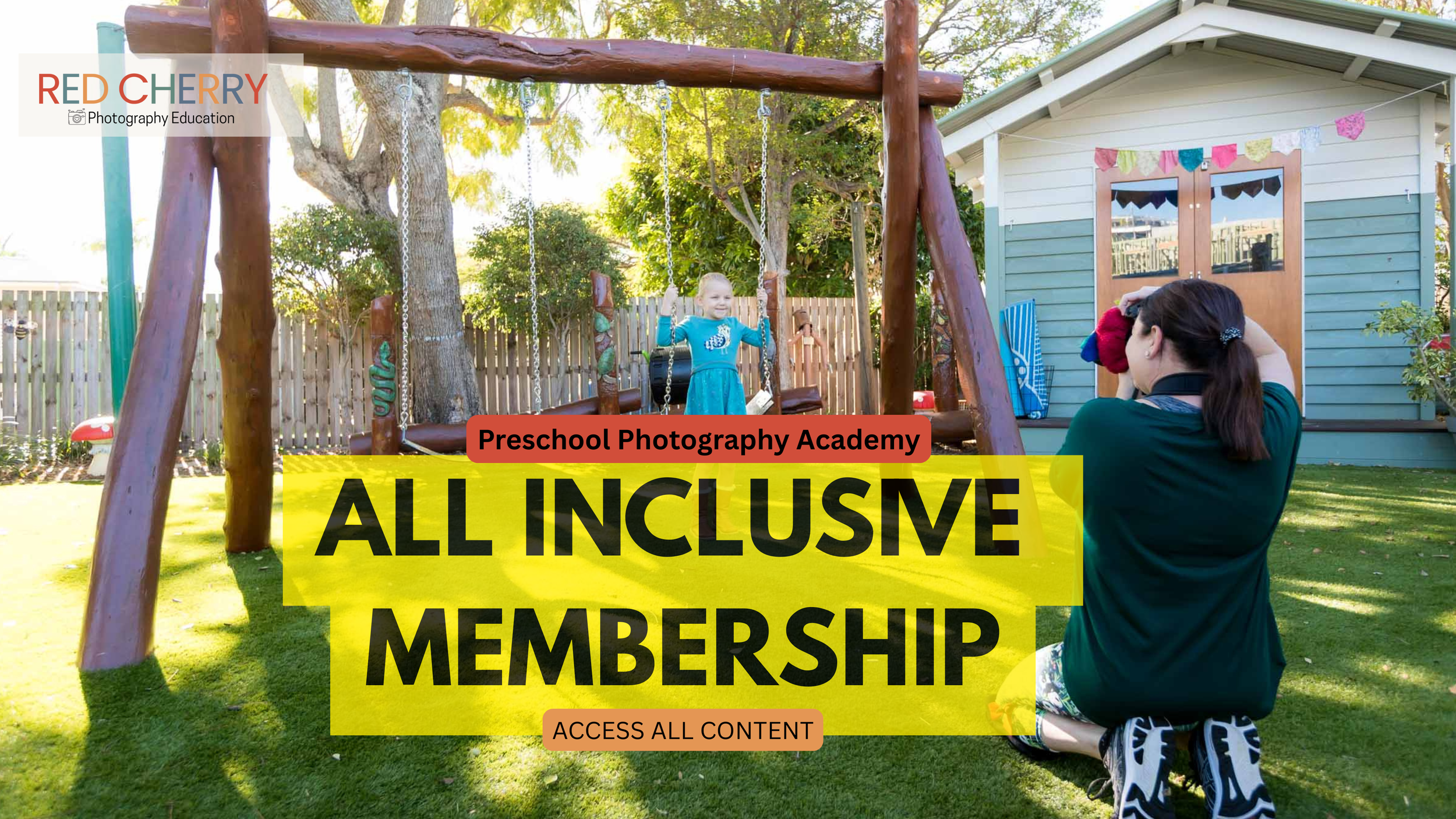 Preschool photographer taking a photo of a preschool child in the playground on a swing