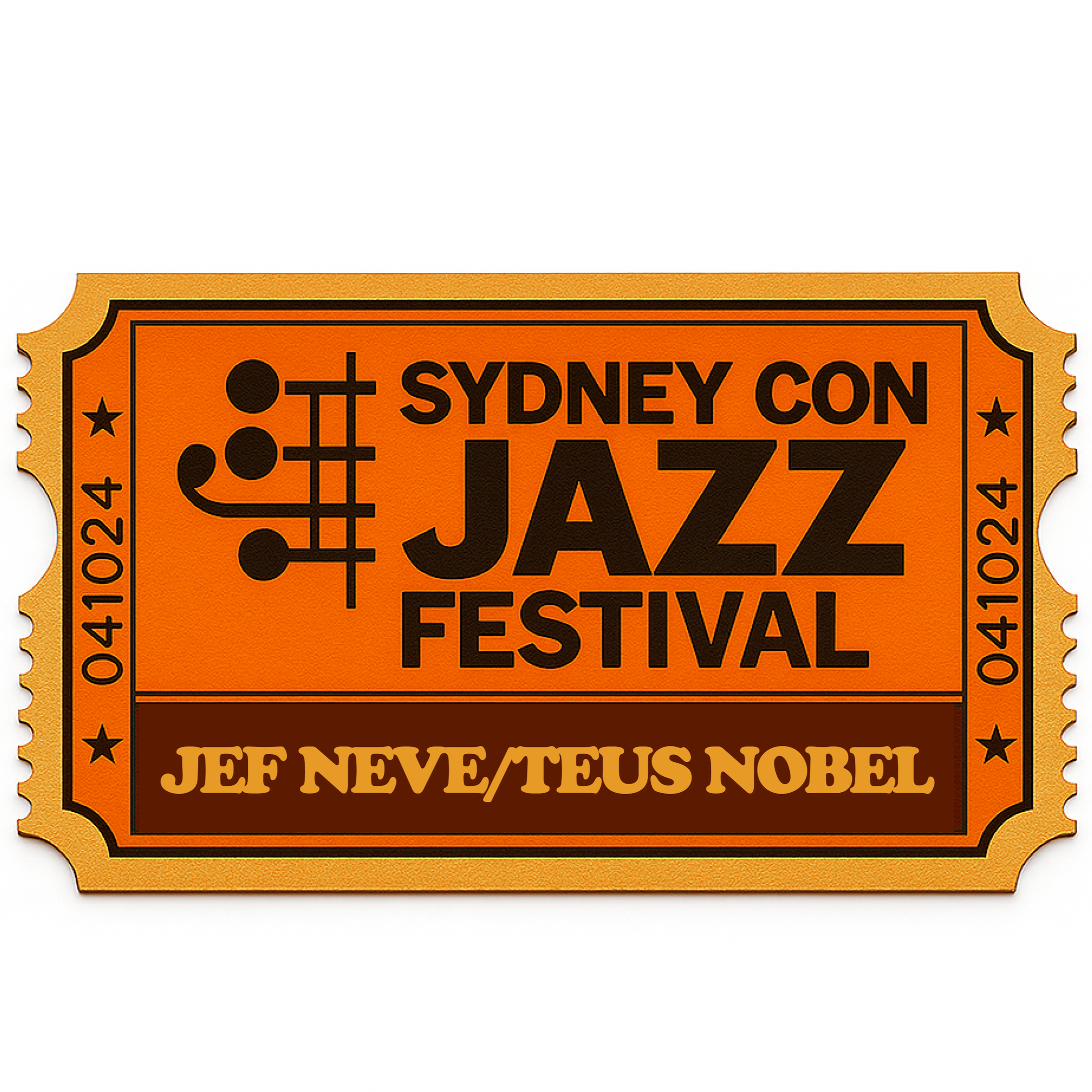 Close-up of an orange ticket with black text reading 'Jazz Festival', featuring black borders, stars, and musical notes design elements.