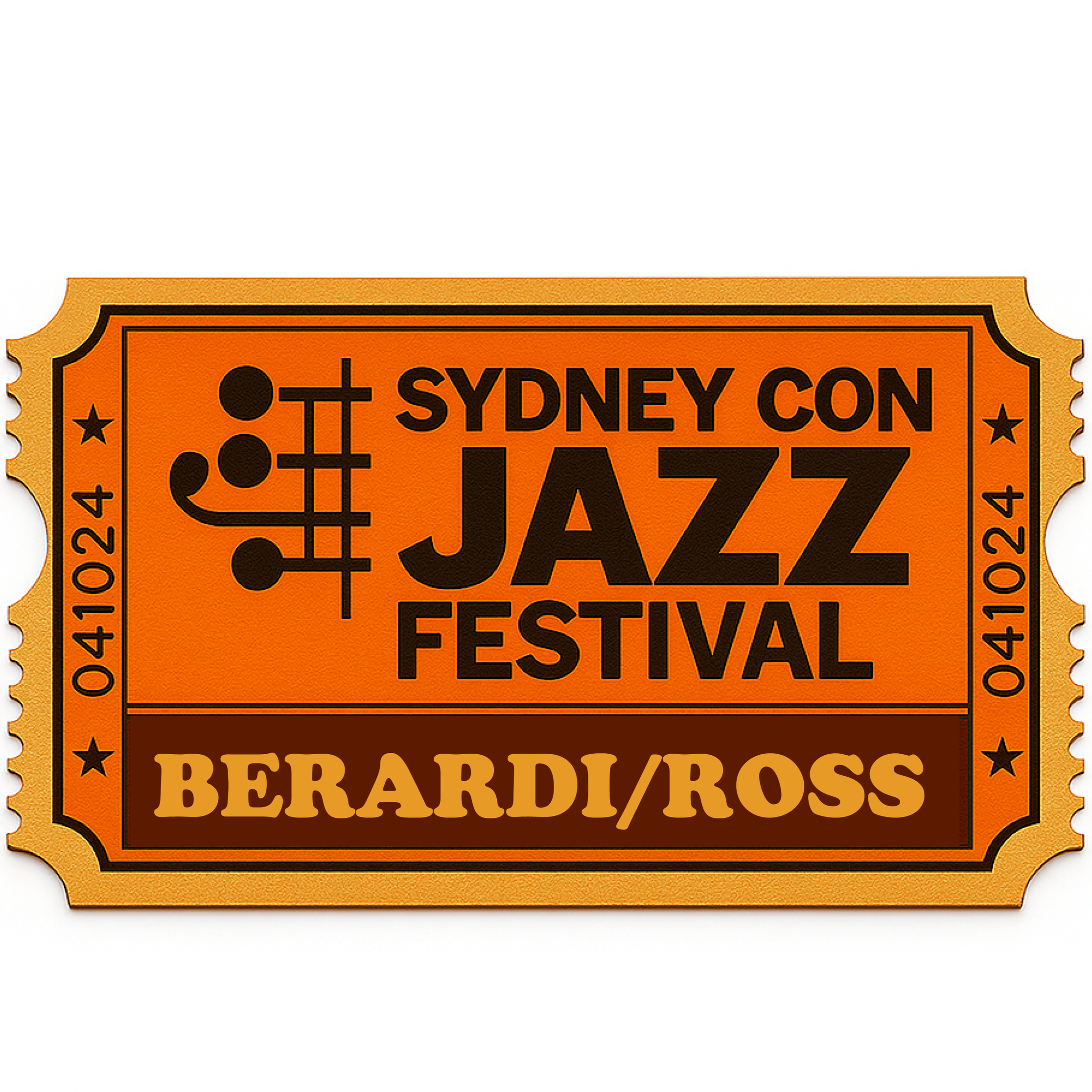 Orange ticket for the Sydney Con Jazz Festival with musical notes and stars.