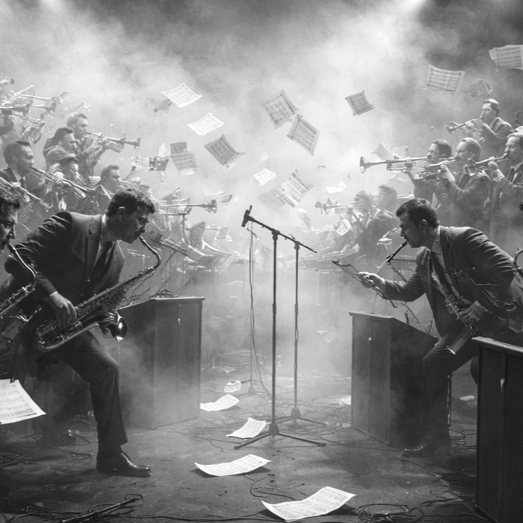 An orchestra performing with lots of sheet music flying around, in a smoky setting.