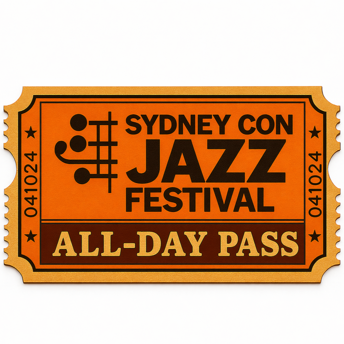 Orange ticket stub for Sydney Con Jazz Festival, all-day pass, featuring music notes and stylized lines.
