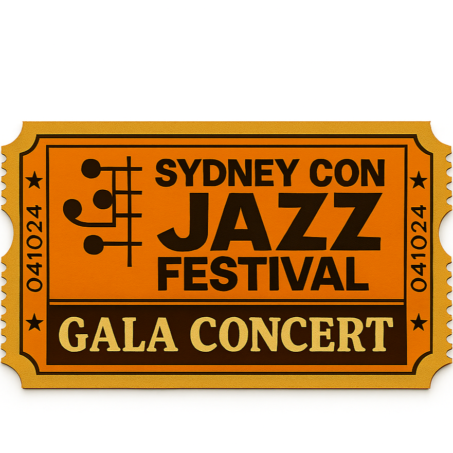 Orange ticket for the Sydney Con Jazz Festival Gala Concert, featuring a treble clef with musical notes on the left side and event details in bold black and cream text.