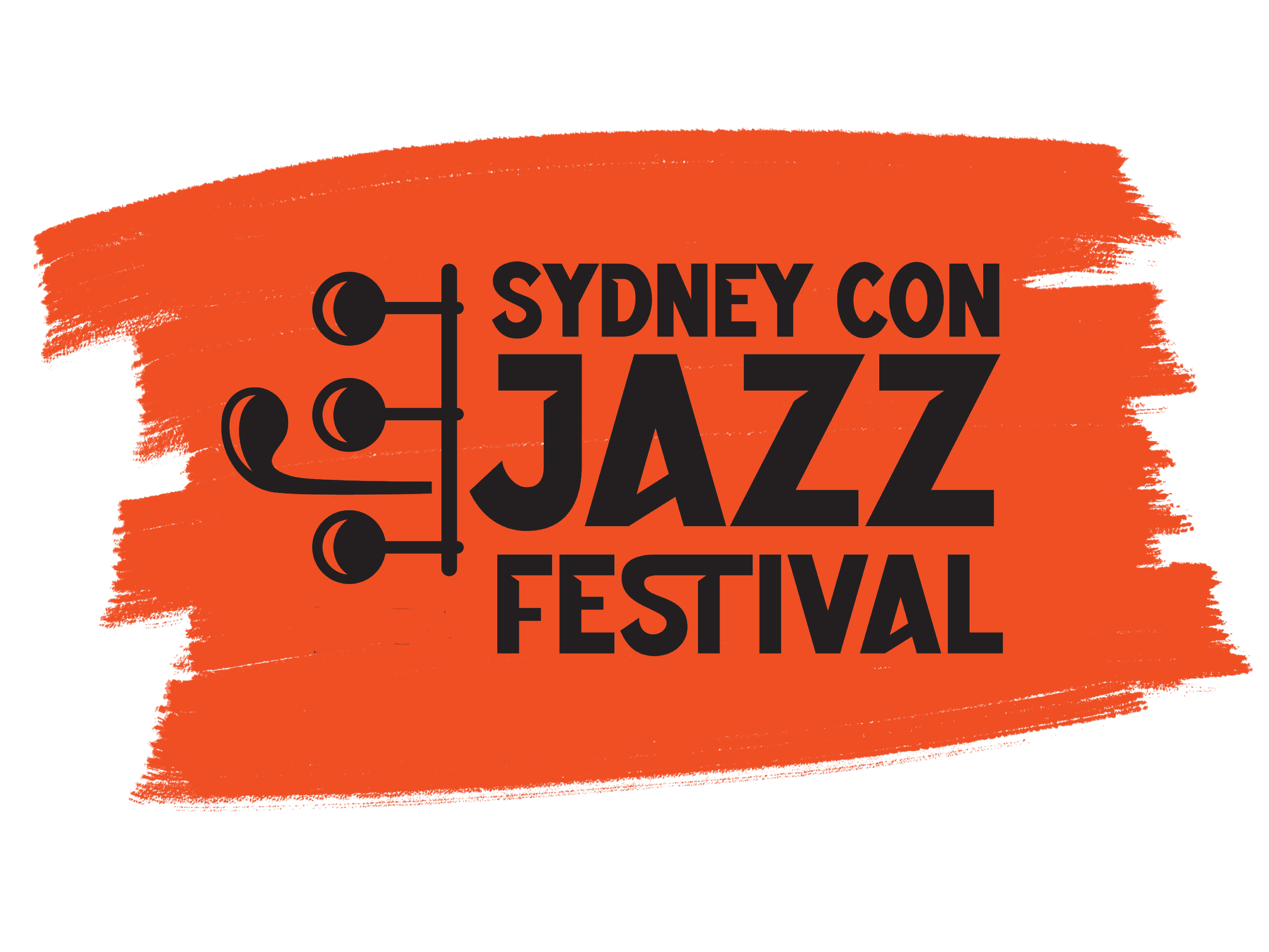 Orange background with black text and musical instrument graphics promoting the Sydney Con Jazz Festival.