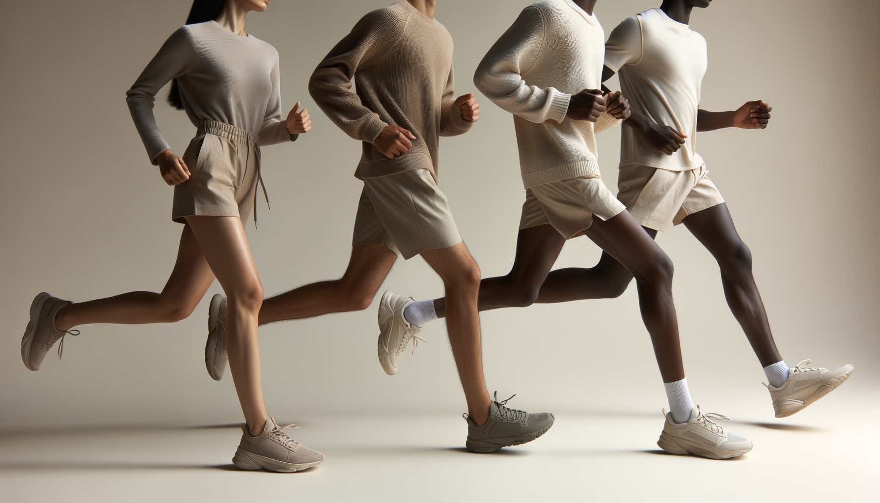 Four people running together, dressed in neutral-colored athletic wear and sneakers, with a plain background.