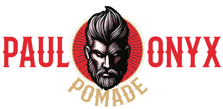 Logo with a bearded man's face at the center, flanked by the text 'PAUL ONYX' in red, and the word 'POMADE' below in beige.