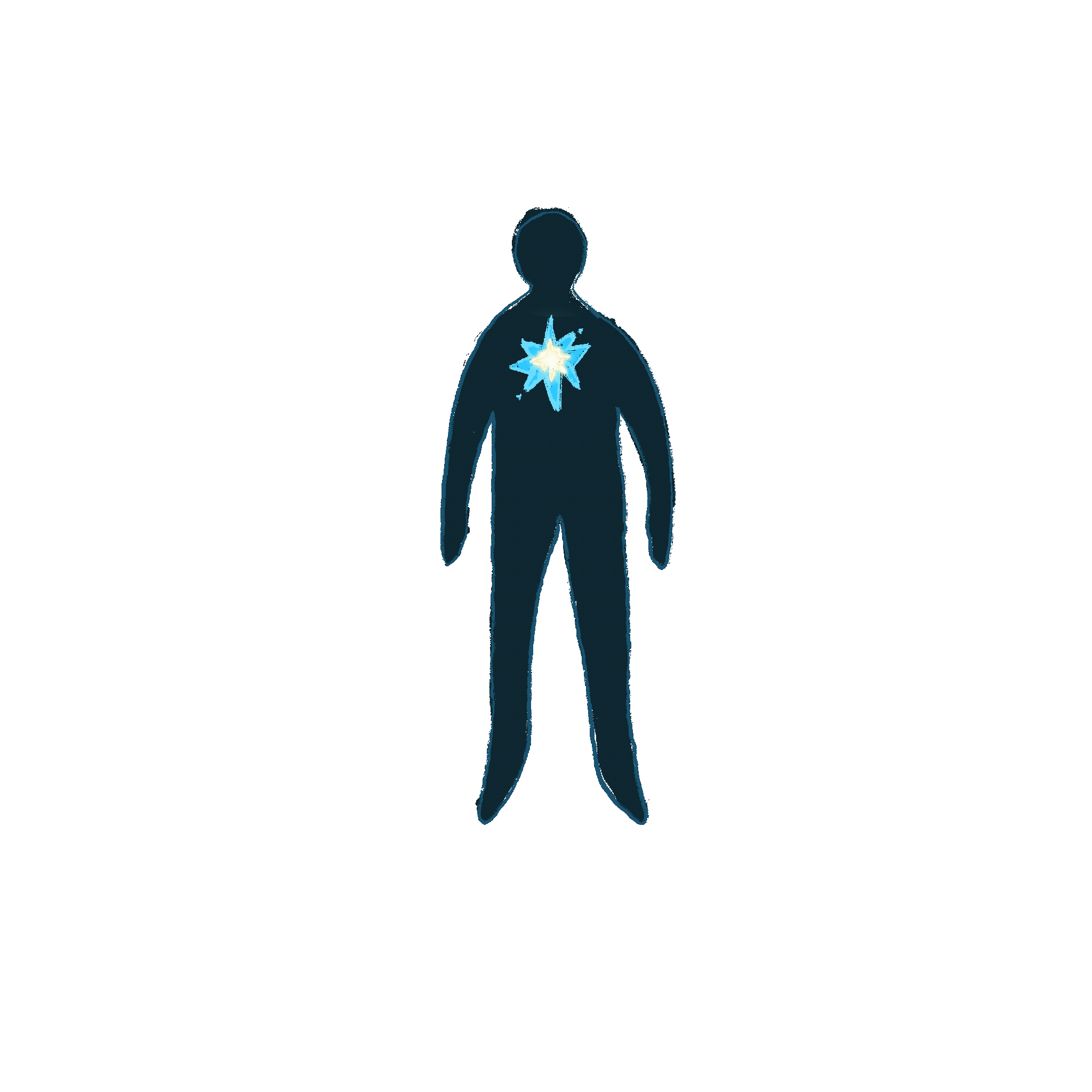 Silhouette of a human figure with a bright energy burst or explosion in the chest area.