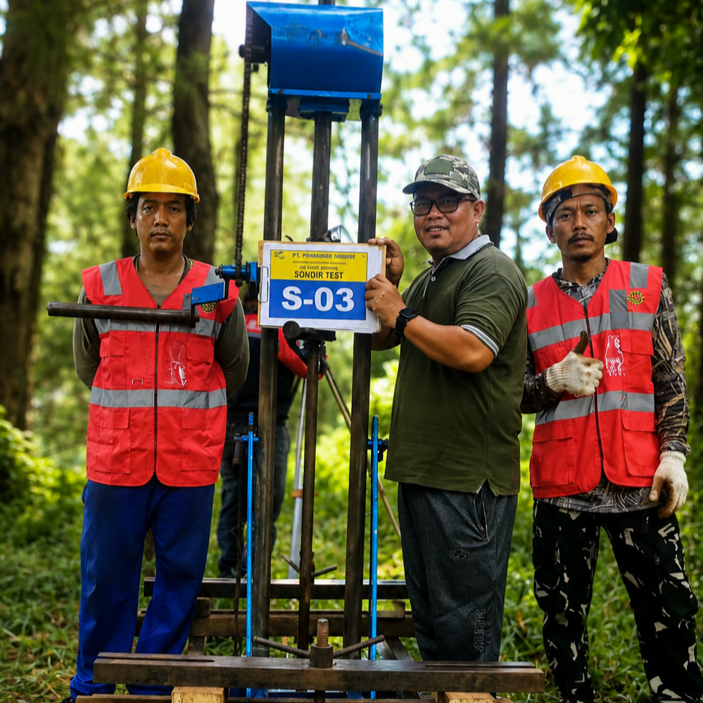 Pekerjaan Sondir test (Cone Penetration Test/CPT) oleh PT Pirakindo untuk mengetahui daya dukung tanah, lapisan tanah keras, dan kondisi tanah sebagai dasar perencanaan pondasi bangunan yang aman dan akurat.