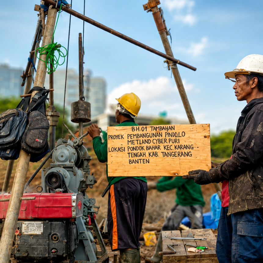 Pekerjaan boring test (Standard Penetration Test/SPT) PT Pirakindo untuk investigasi tanah proyek gedung, jalan, jembatan, dan konstruksi. Jasa soil investigation profesional dan akurat guna mengetahui kondisi lapisan tanah dan daya dukung pondasi.