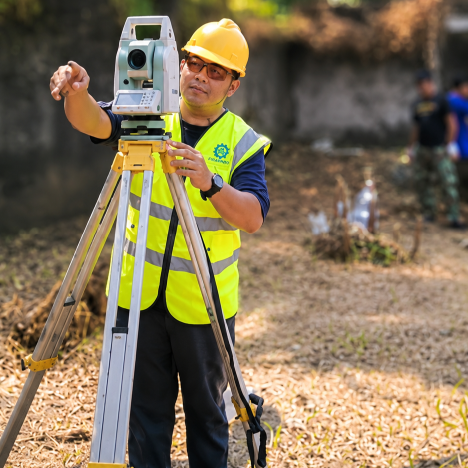 Pekerjaan Topografi oleh PT Pirakindo menggunakan alat survei modern untuk pemetaan lahan, pengukuran elevasi, kontur, dan batas area proyek sebagai dasar perencanaan konstruksi yang akurat.