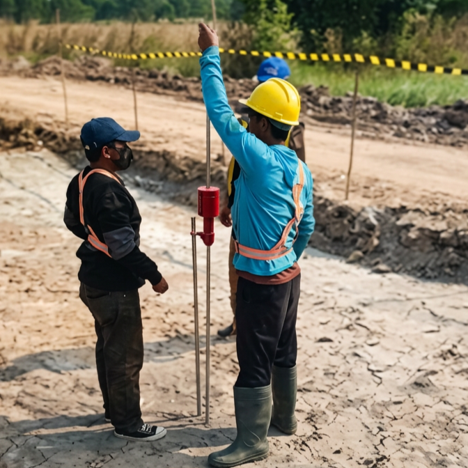 Pekerjaan DCP Test (Dynamic Cone Penetrometer) PT Pirakindo untuk mengukur kepadatan dan daya dukung tanah pada proyek jalan, gedung, perumahan, dan infrastruktur. Uji DCP akurat untuk soil investigation dan perencanaan pondasi sesuai standar.