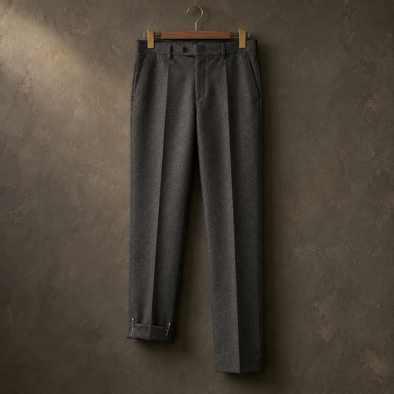 Tailored trousers on a hanger