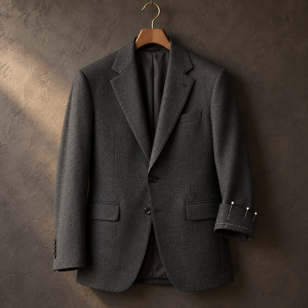 Charcoal jacket on a hanger