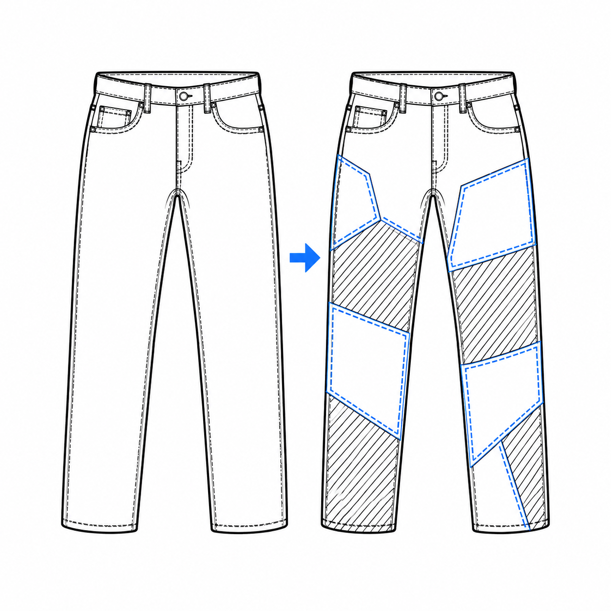 Jeans redesign before and after with added patchwork fabric panels