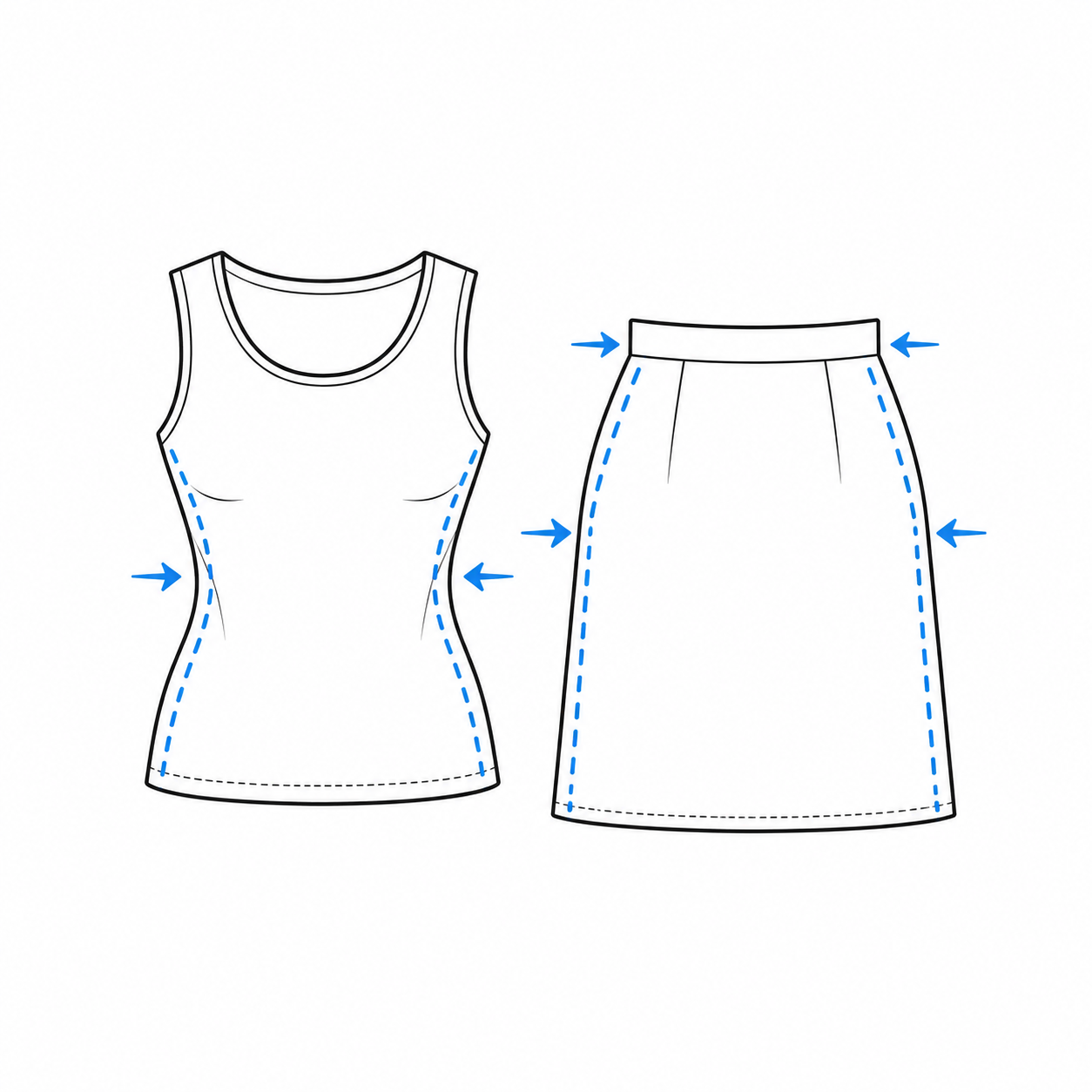 Casual top and skirt fit adjustment diagram