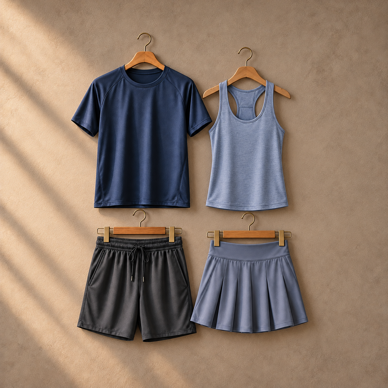 Casual tops, shorts and skirt on hangers