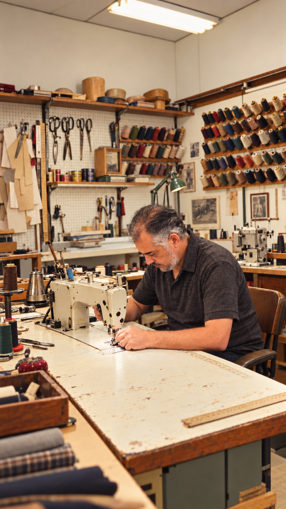 Abdul Ghani Alkasem working at his sewing machine at GTH Tailoring