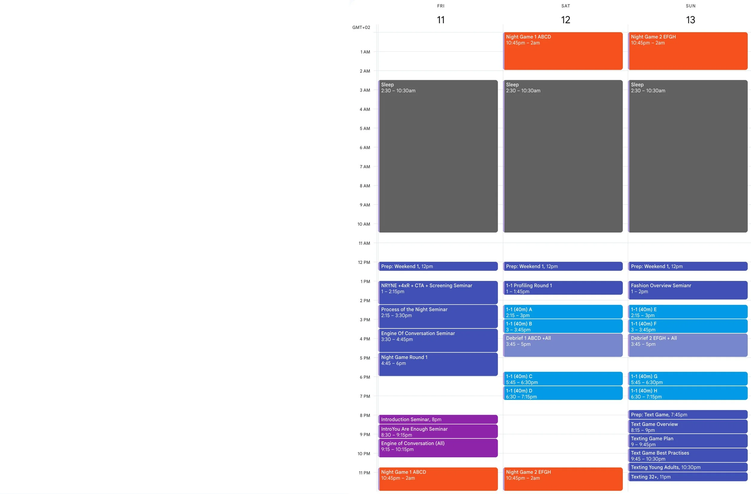 Weekly event schedule with time slots from Friday to Sunday, including sleep, preparation, seminars, game rounds, and seminars, with color-coded blocks for each activity.