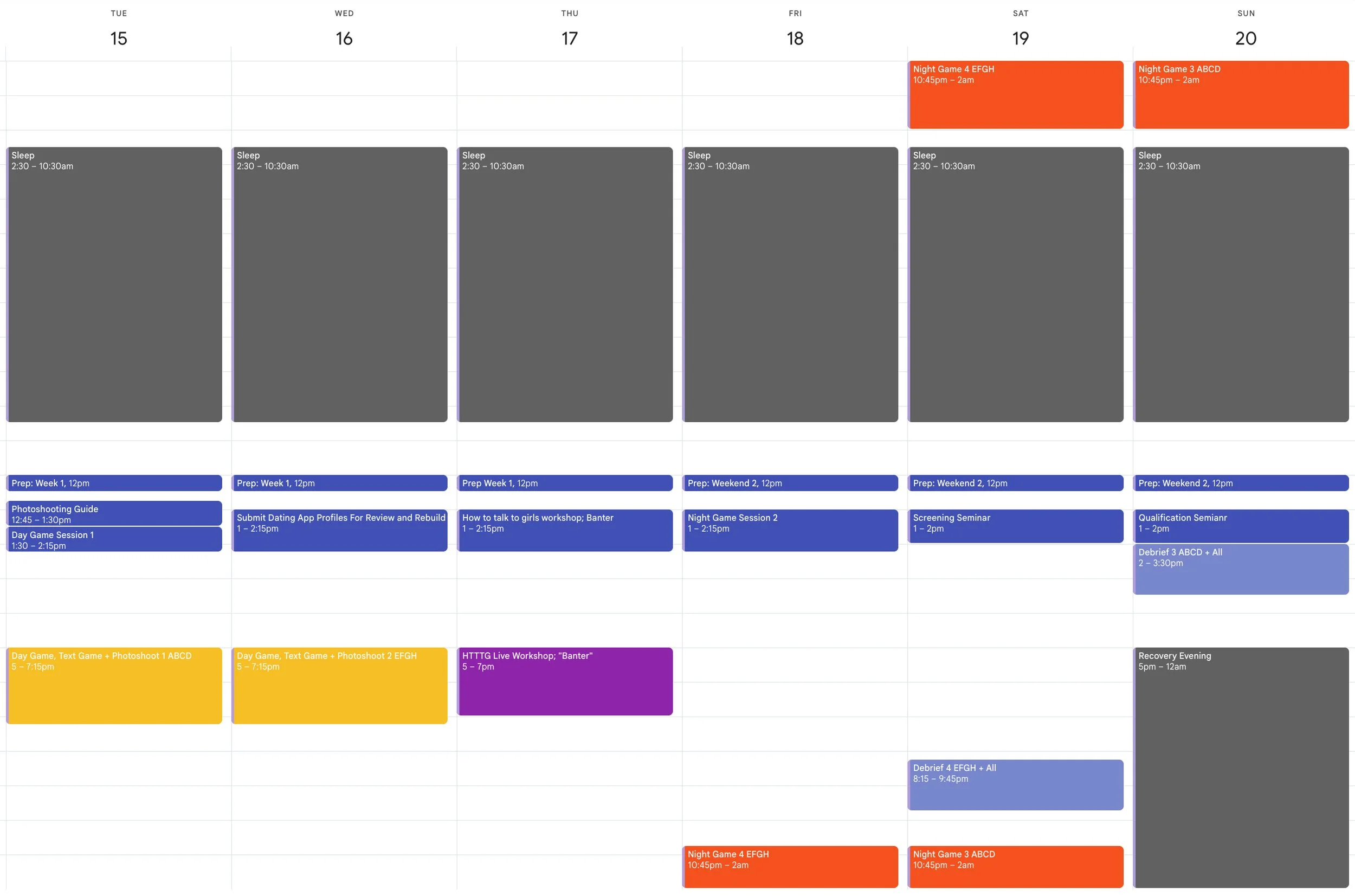 Weekly digital calendar with scheduled activities, including sleep, prep, sports, meetings, and evening events, with some highlighted in red and purple.