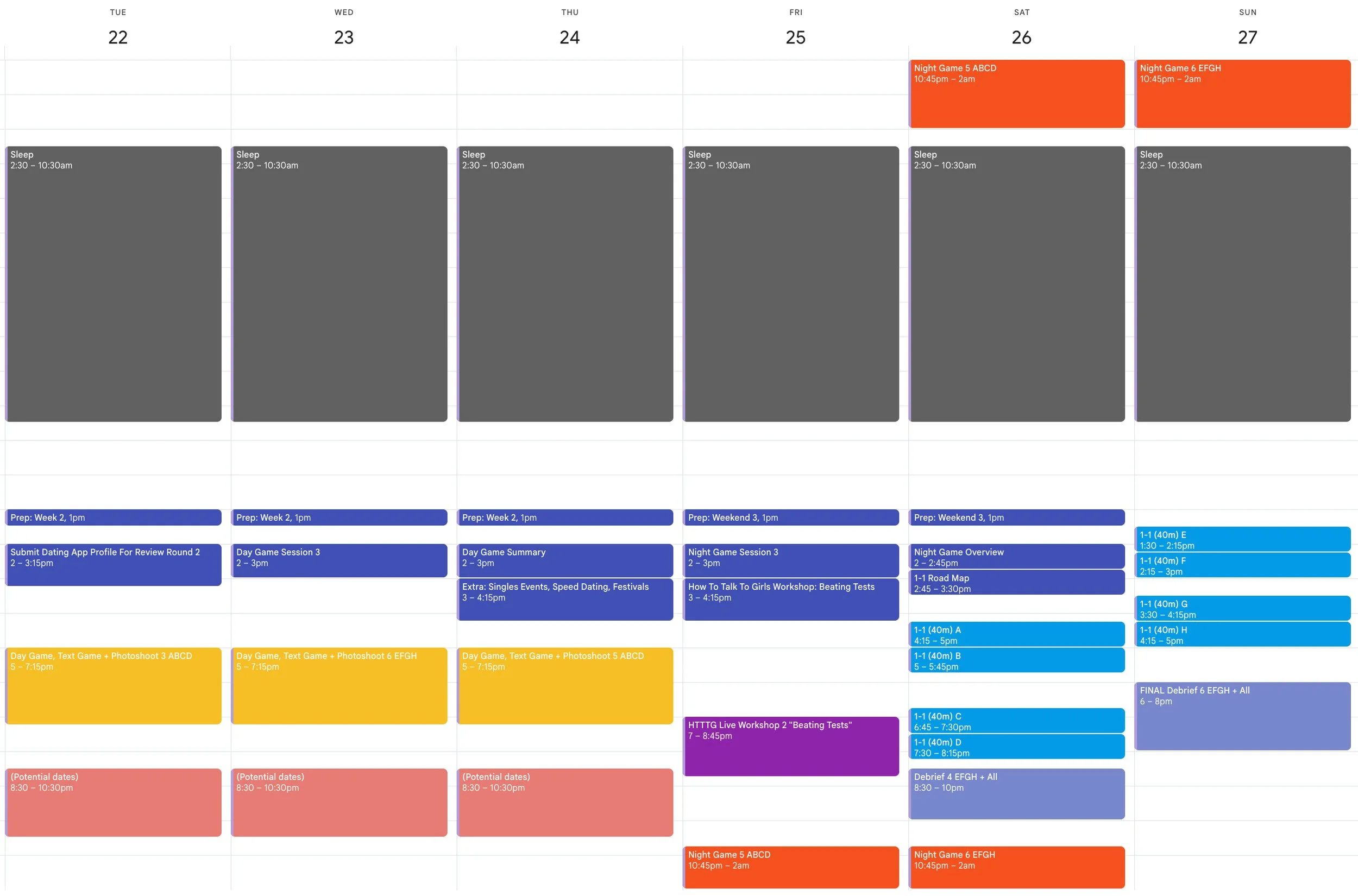 Weekly schedule with various events and activities color-coded by category, including sleep, prep sessions, game sessions, workshops, photo shoots, and potential dates, spanning from Tuesday, 22nd to Sunday, 27th.