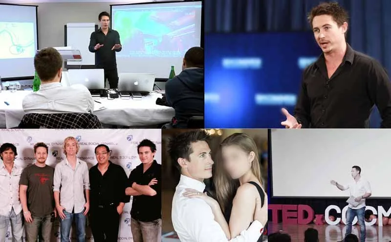 Collage of five images Alex Social Dating Coach man speaking, a group photo, a couple in a romantic pose, and a speaker presenting on stage.