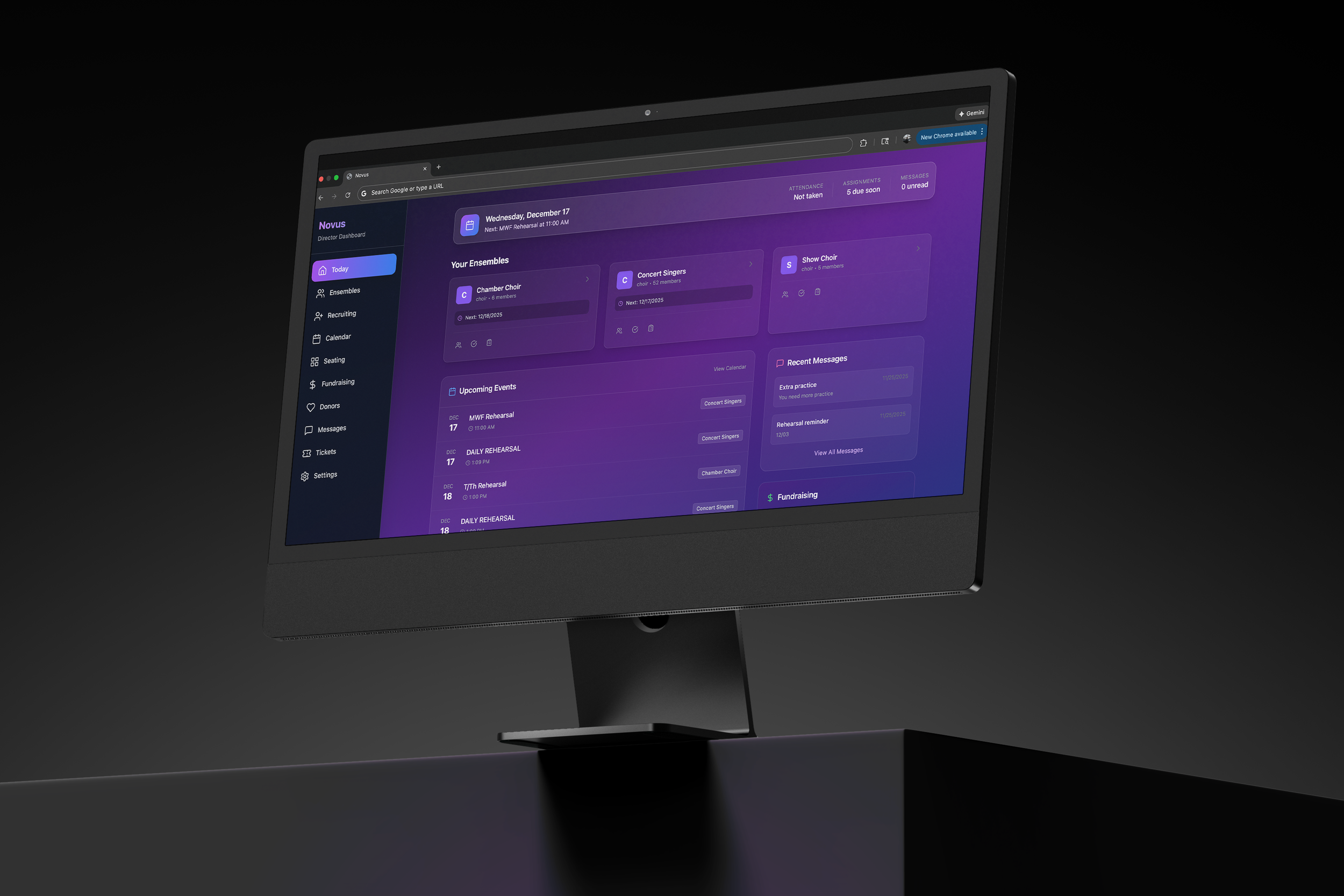 Computer monitor displaying a dashboard with a purple background, showing various schedules, messages, and events.