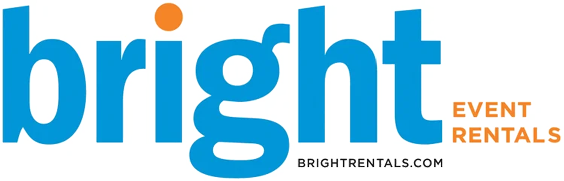 Logo for Bright Event Rentals with the company name in blue and orange text, and website URL brightrentals.com.