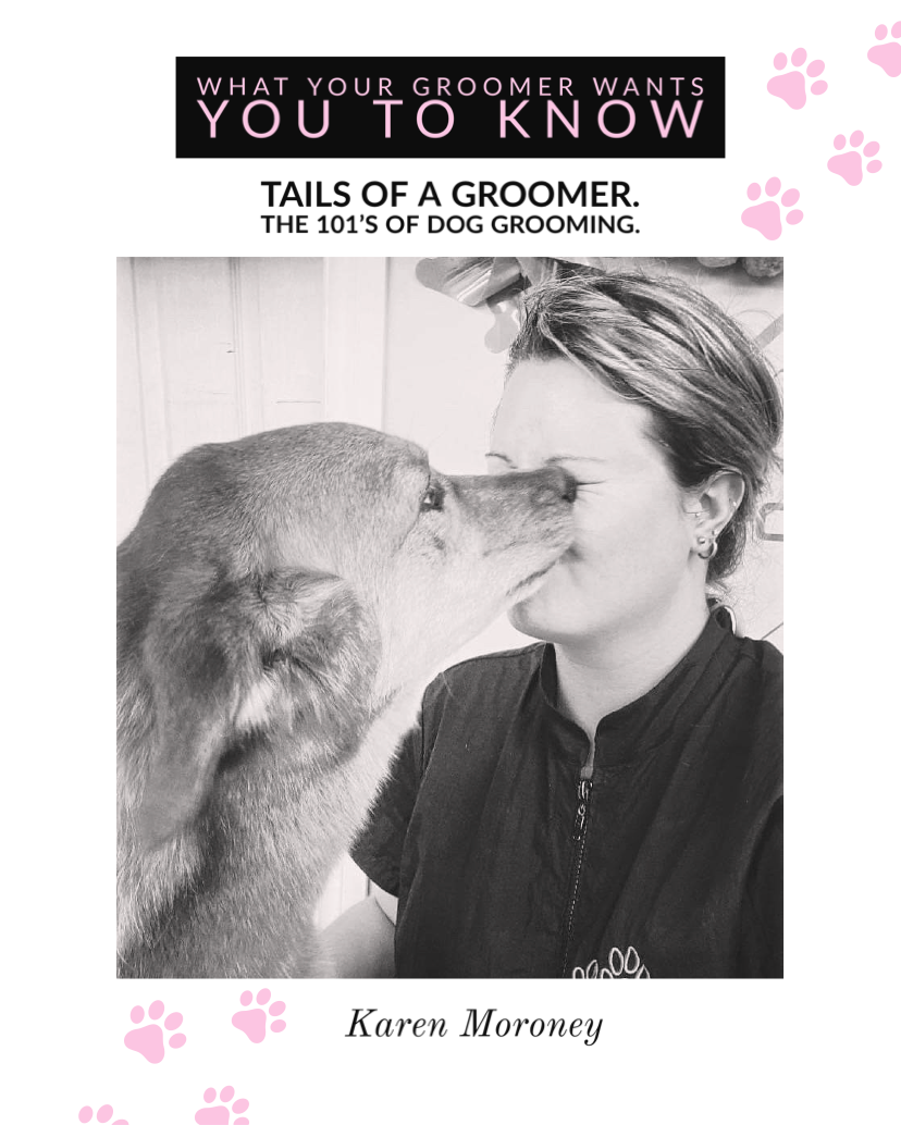 Black and white photo of a woman and dog close up, nose to nose, with pink paw print decorations and text about dog grooming tips.