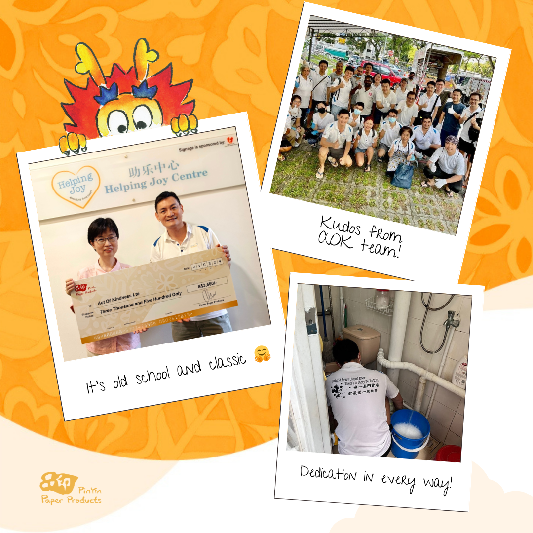 Collage for the 2024 Long Time No See campaign showing custom festive packaging, a donation check presentation to Act of Kindness, and volunteers assisting with a home cleanup.