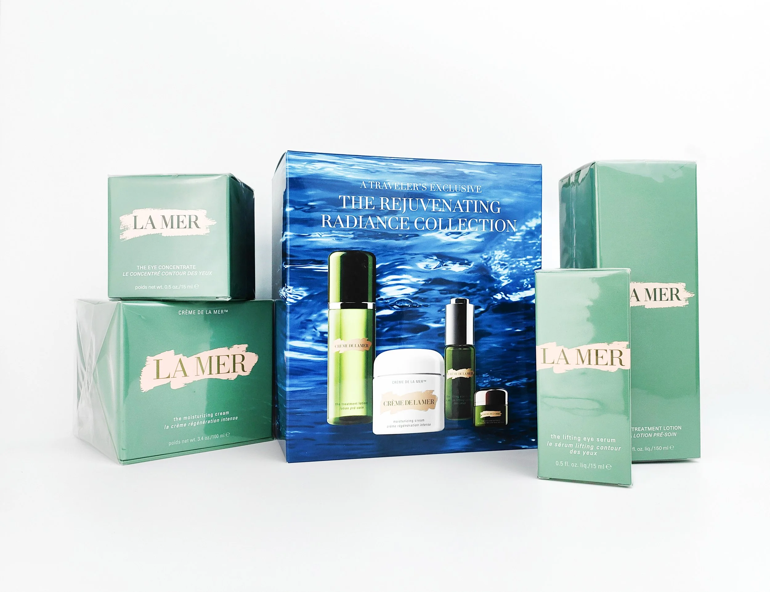 La Mer products and their secondary BAC packaging, showcasing structured designs for a unified retail display.