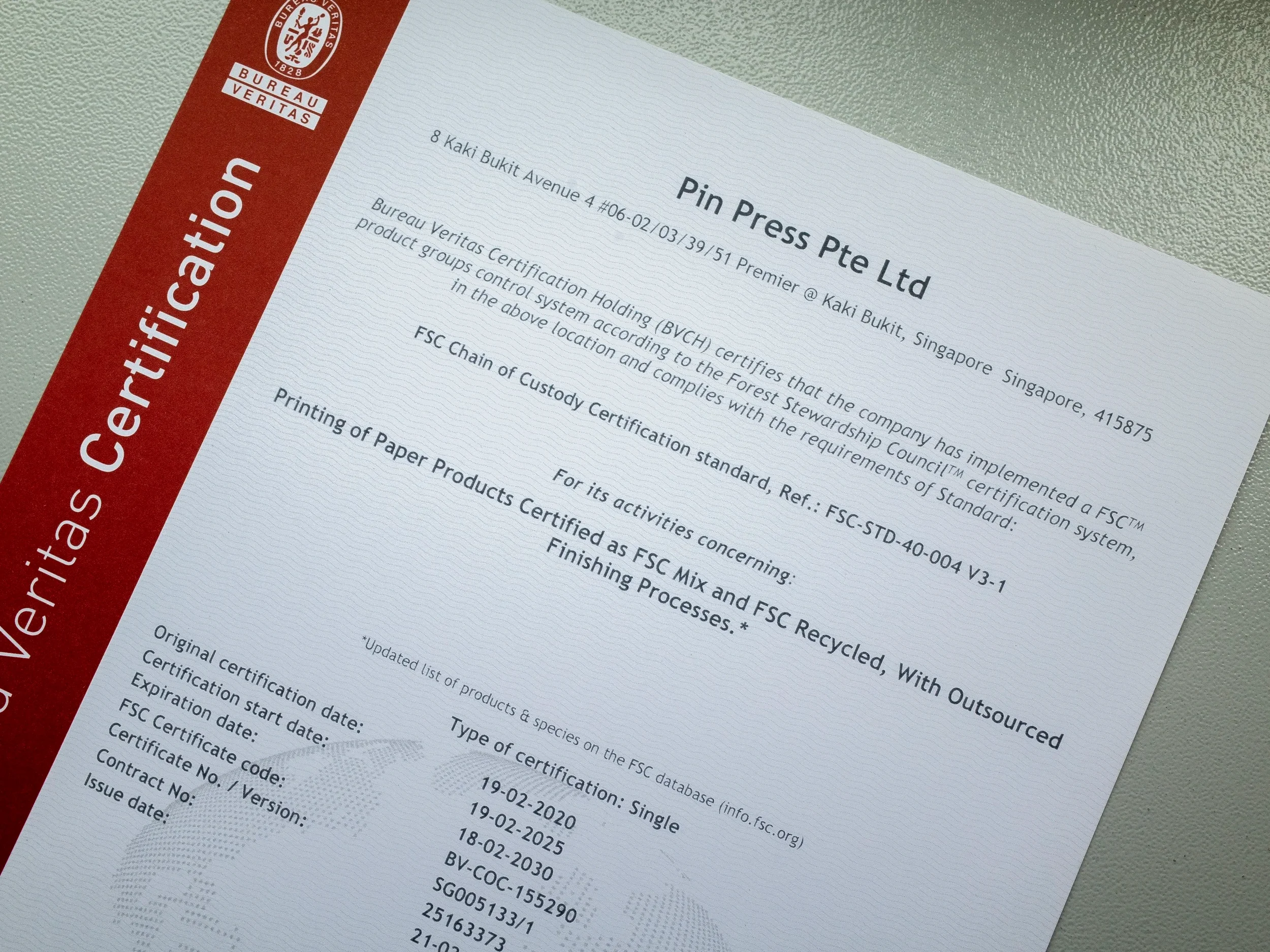 FSC-certified document representing responsible sourcing and chain-of- custody compliance for sustainable packaging materials.​