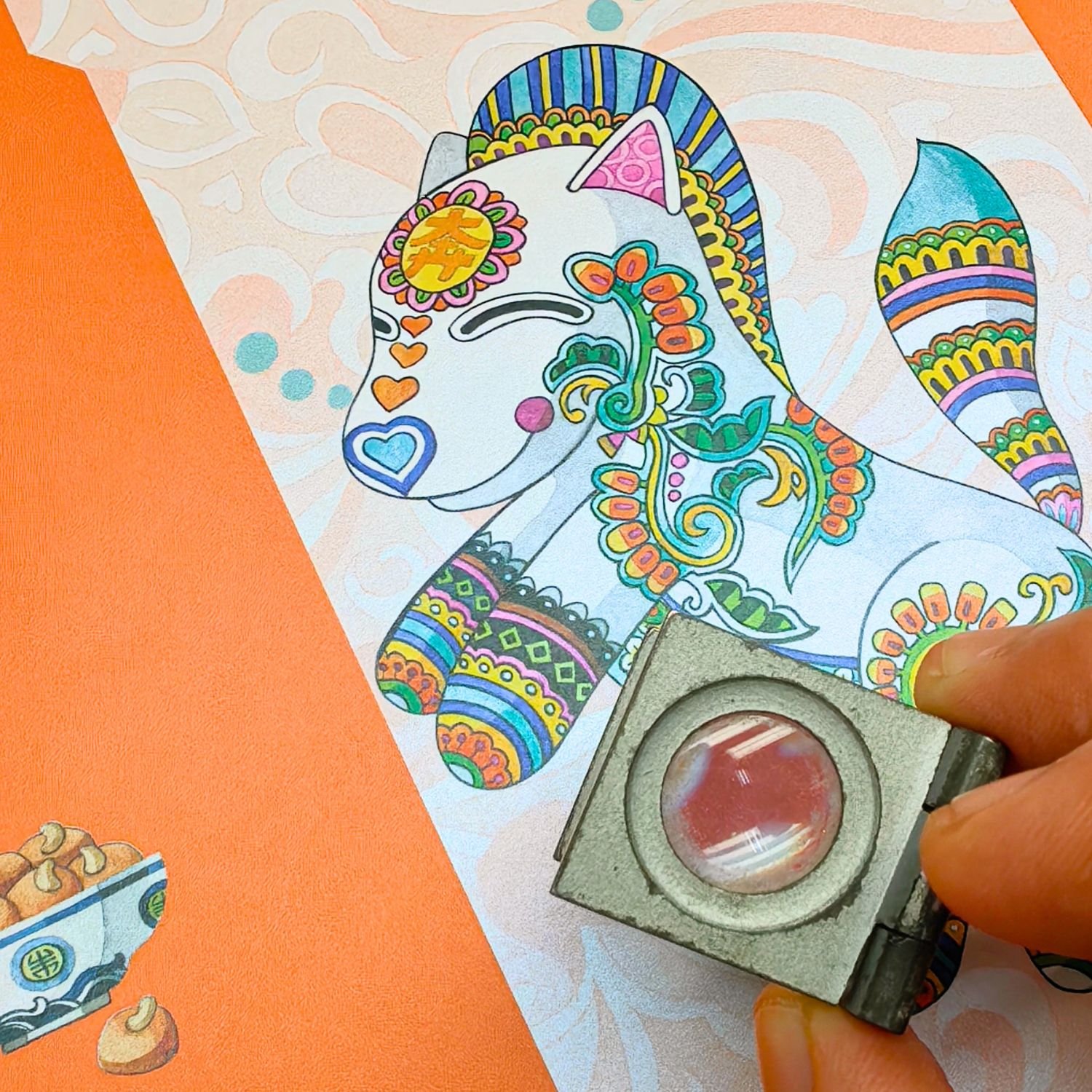Close-up of a magnifying loupe used for custom printing quality control on the colorful Horse iconic visual for 2026 Embrace The Adventure Campaign.