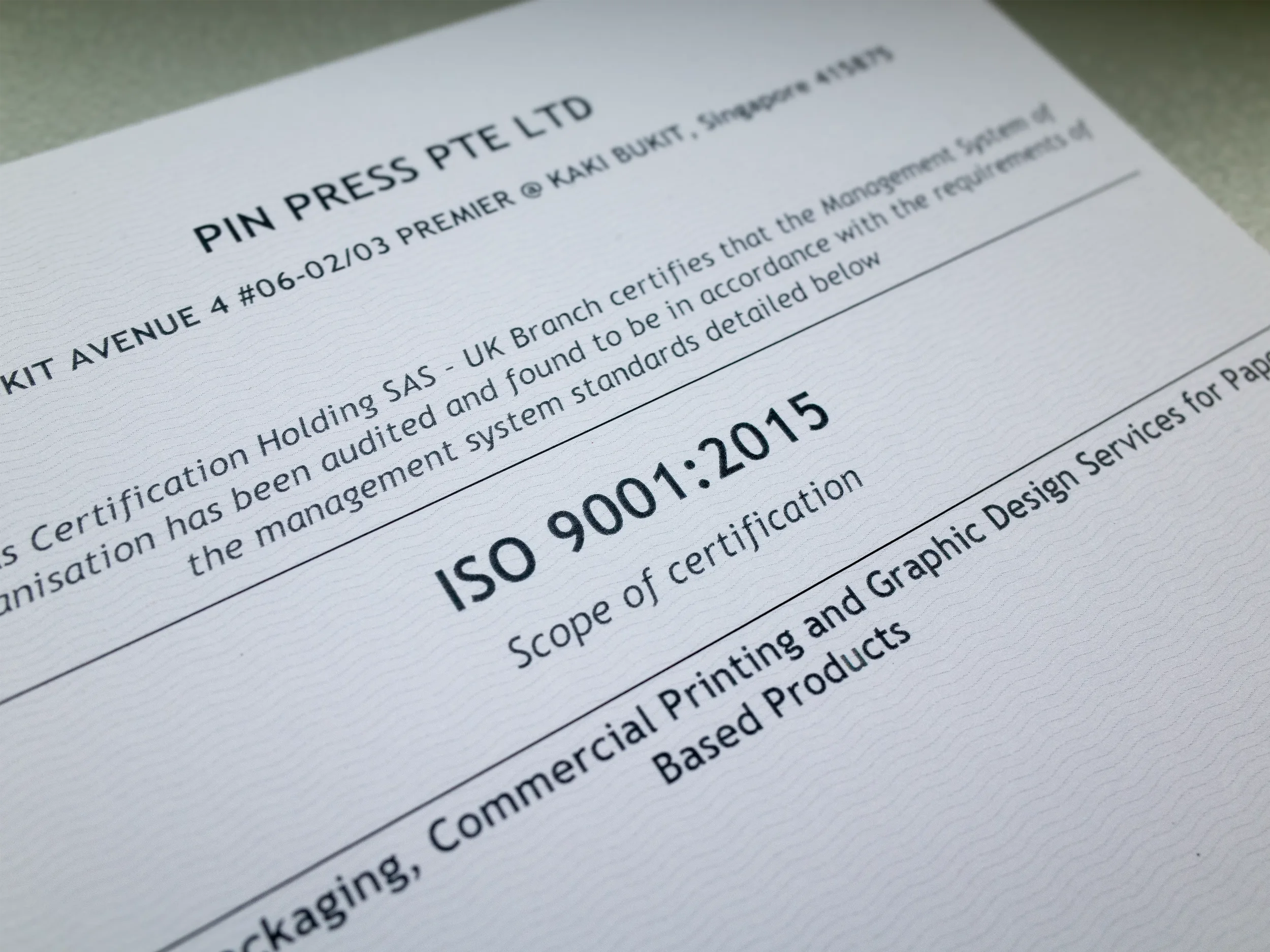 ISO 9001:2015 certification document showing quality management standards and commitment to consistent production processes.​
