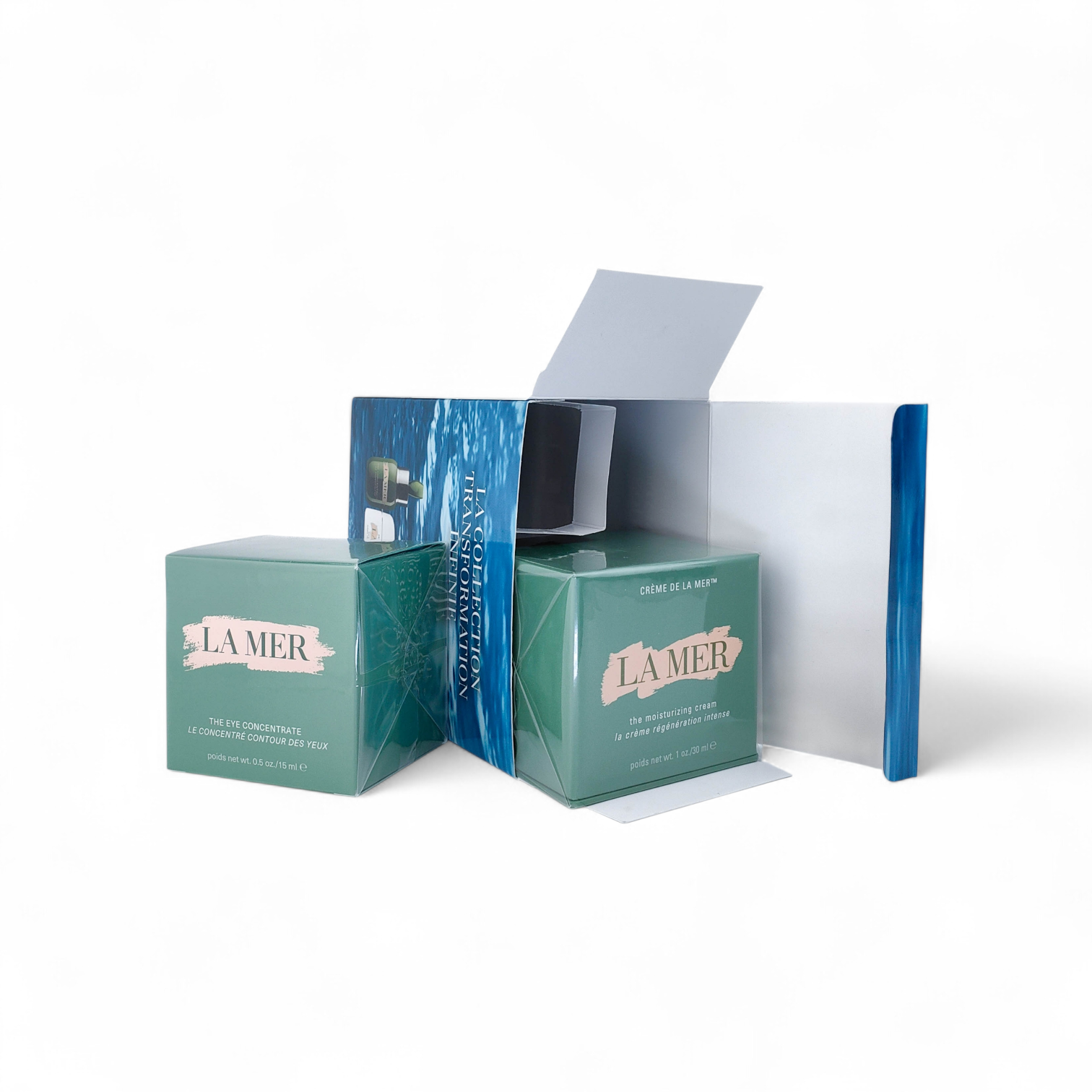 Close-up of La Mer secondary packaging showing built-in cardboard nesting that secures multiple products without the need for additional inserts.