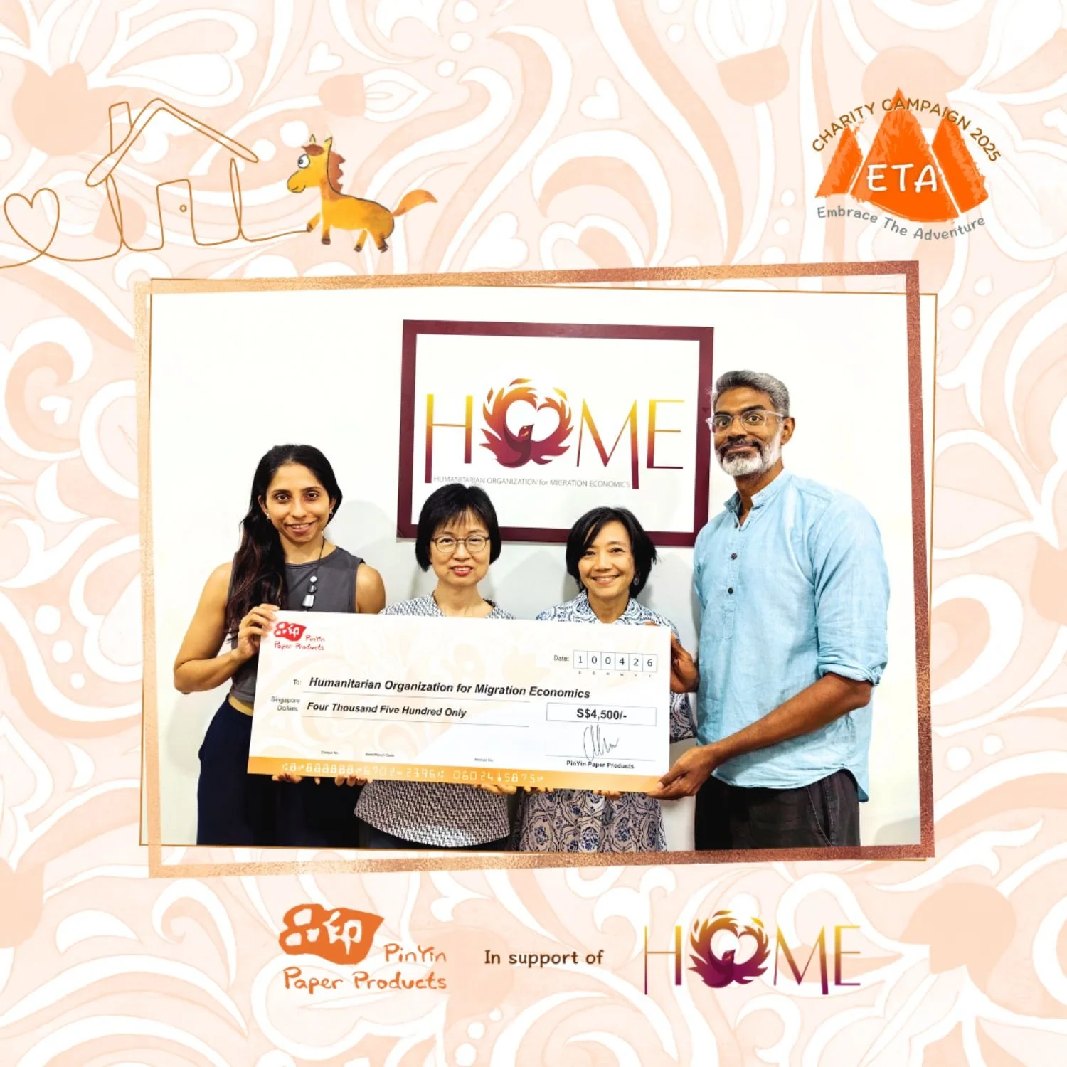 Check donation presentation photo to HOME for the Pin Press 2026 Embrace The Adventure charity campaign.