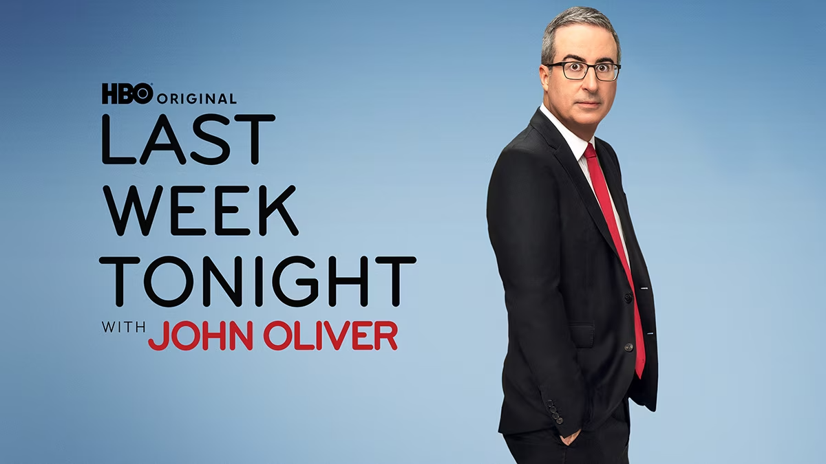 Promotional image for HBO series "Last Week Tonight with John Oliver" showing John Oliver in a black suit, red tie, and glasses against a blue background, with the title and host's name written on the left side.  Represents Grindr case study.