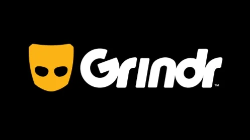 Black background with the Grindr logo featuring a yellow mask icon and the word 'Grindr' in white text.