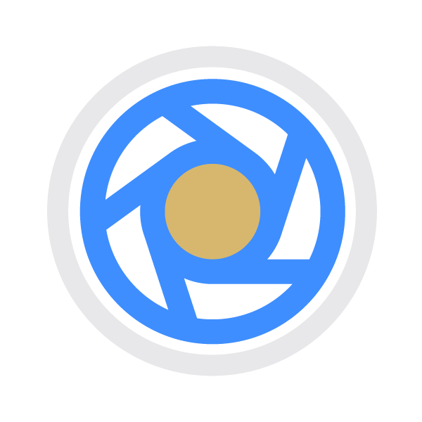 Illustration of a blue and black camera shutter icon with a gold center on a black background.
