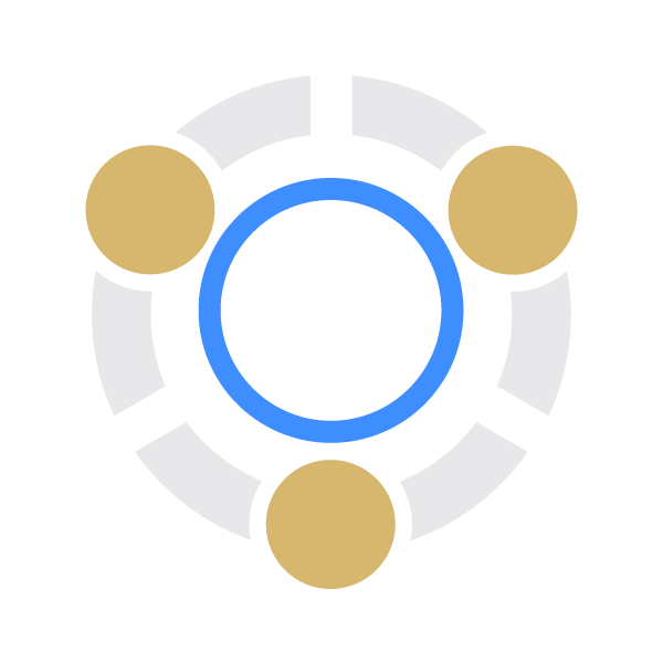 Graphic of overlapping circles with a central blue ring, surrounded by three larger gold circles, and divided sections in black and white.