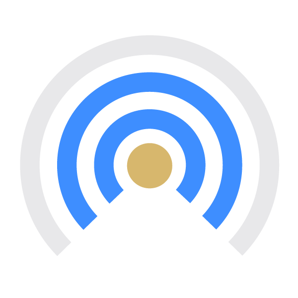 Wi-Fi signal icon with blue and gray concentric arcs and a gold dot in the center on a black background.